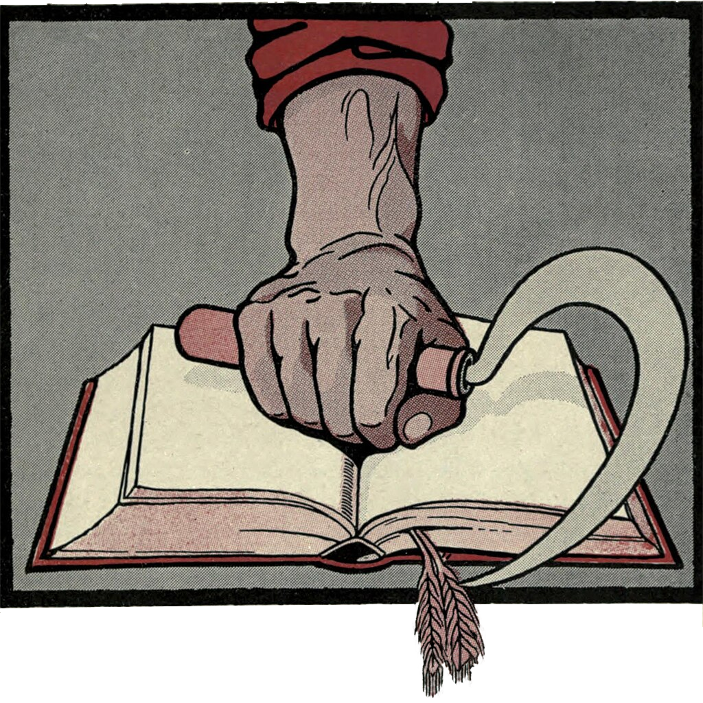 Buch mit einer Sichel und Ähre als Lesezeichen