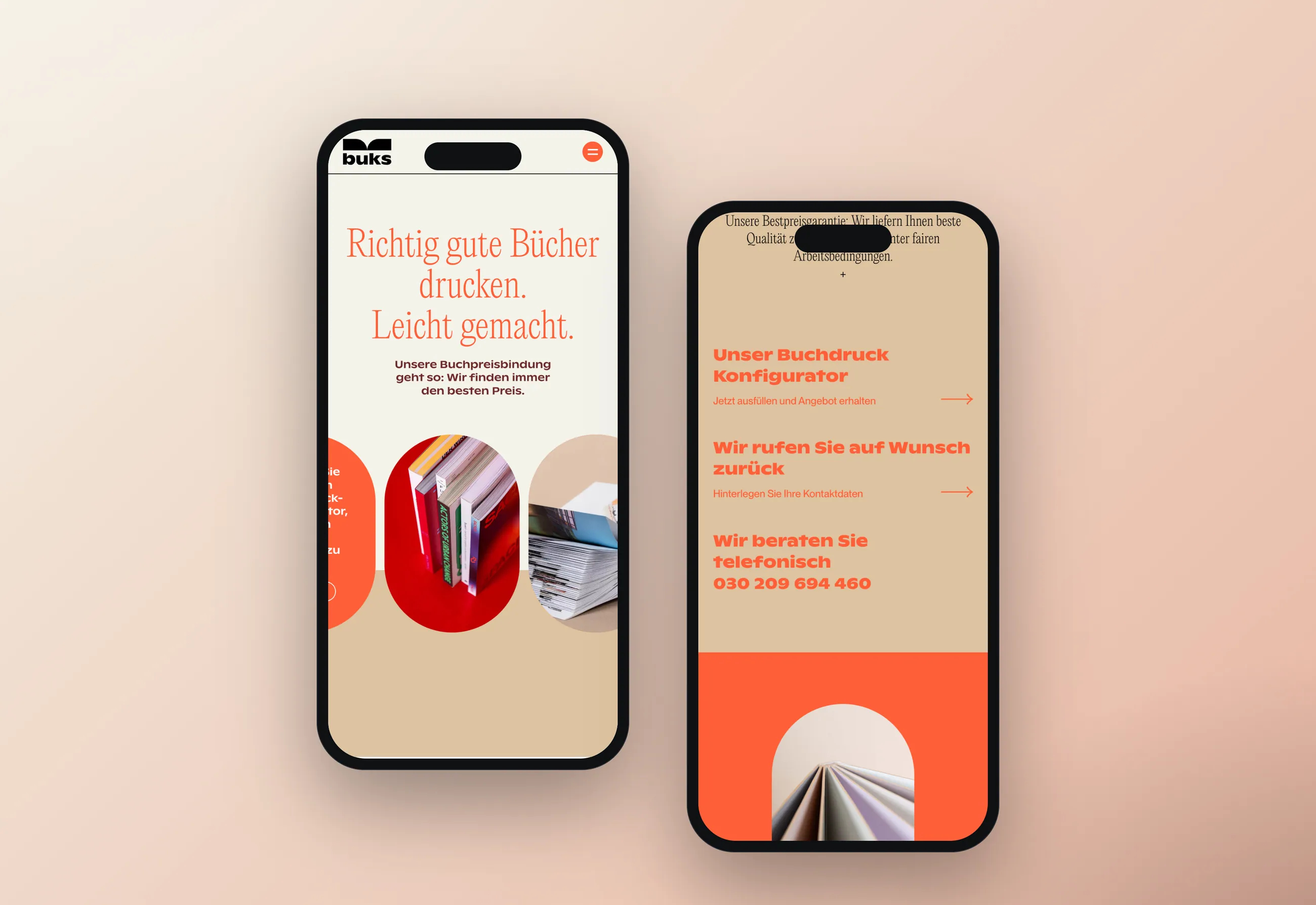 buks book printing agency website, mobile views in smartphone mockups