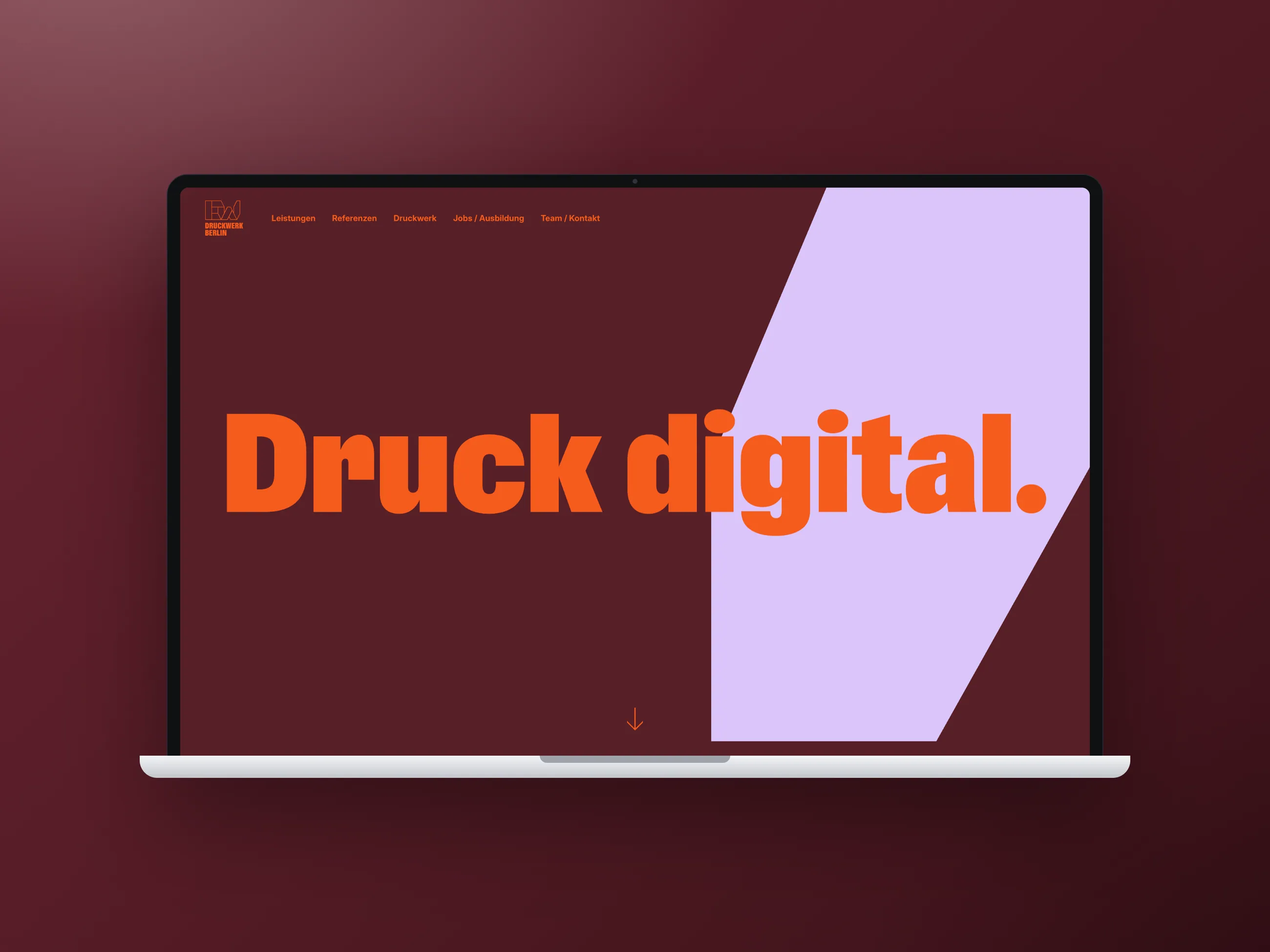 Druckwerk Berlin digital print shop website, desktop view in a laptop mockup