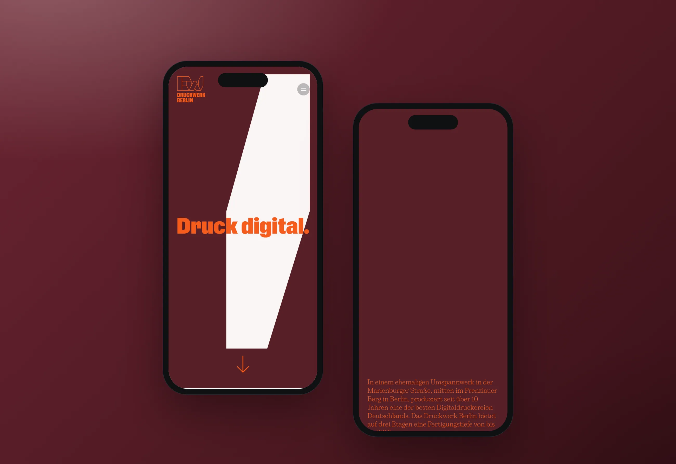 Website der Digitaldruckerei Druckwerk Berlin, mobile Ansichten in Smartphone-Mockups