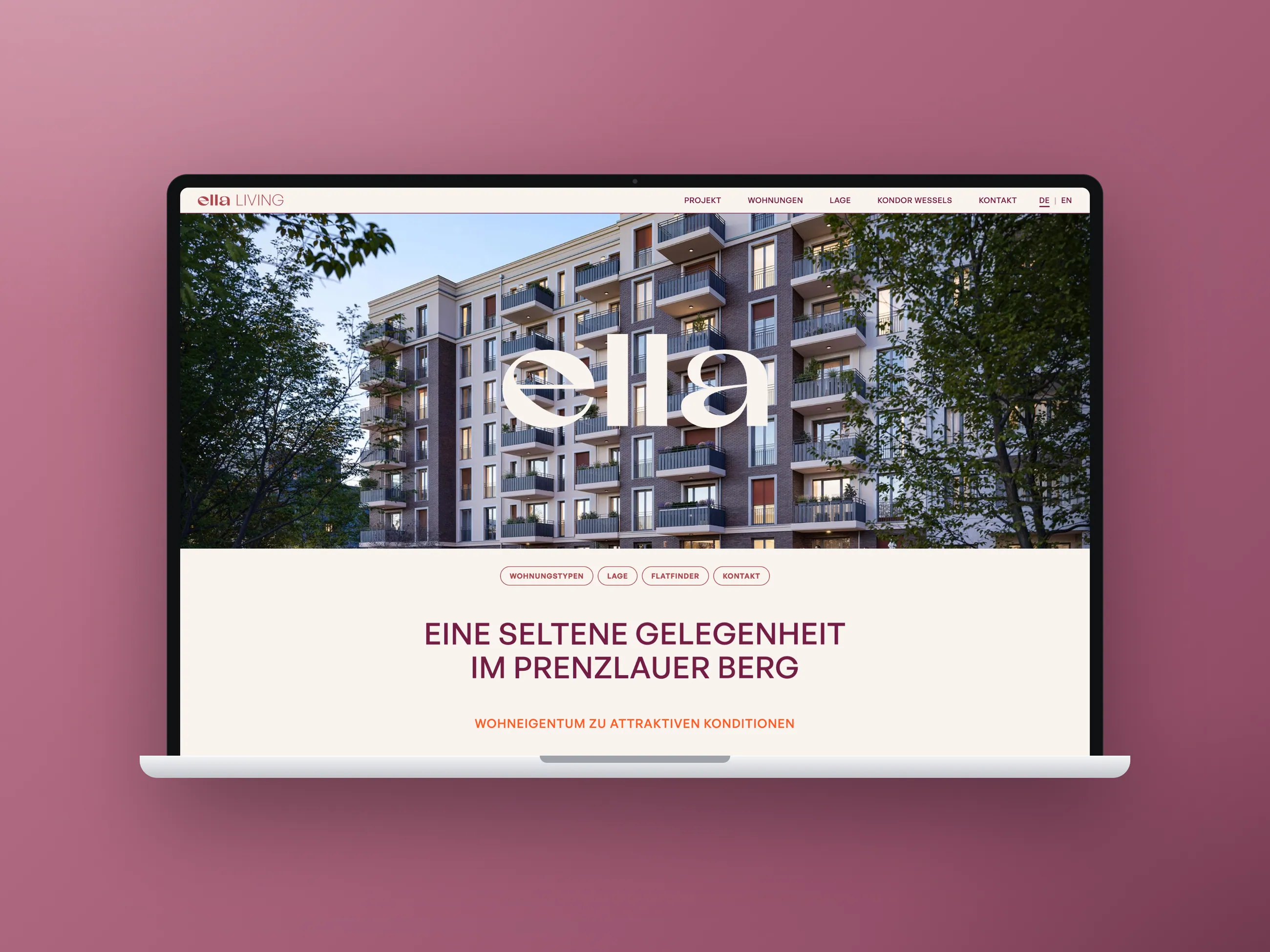 ELLA LIVING condominium project website, desktop view in a laptop mockup