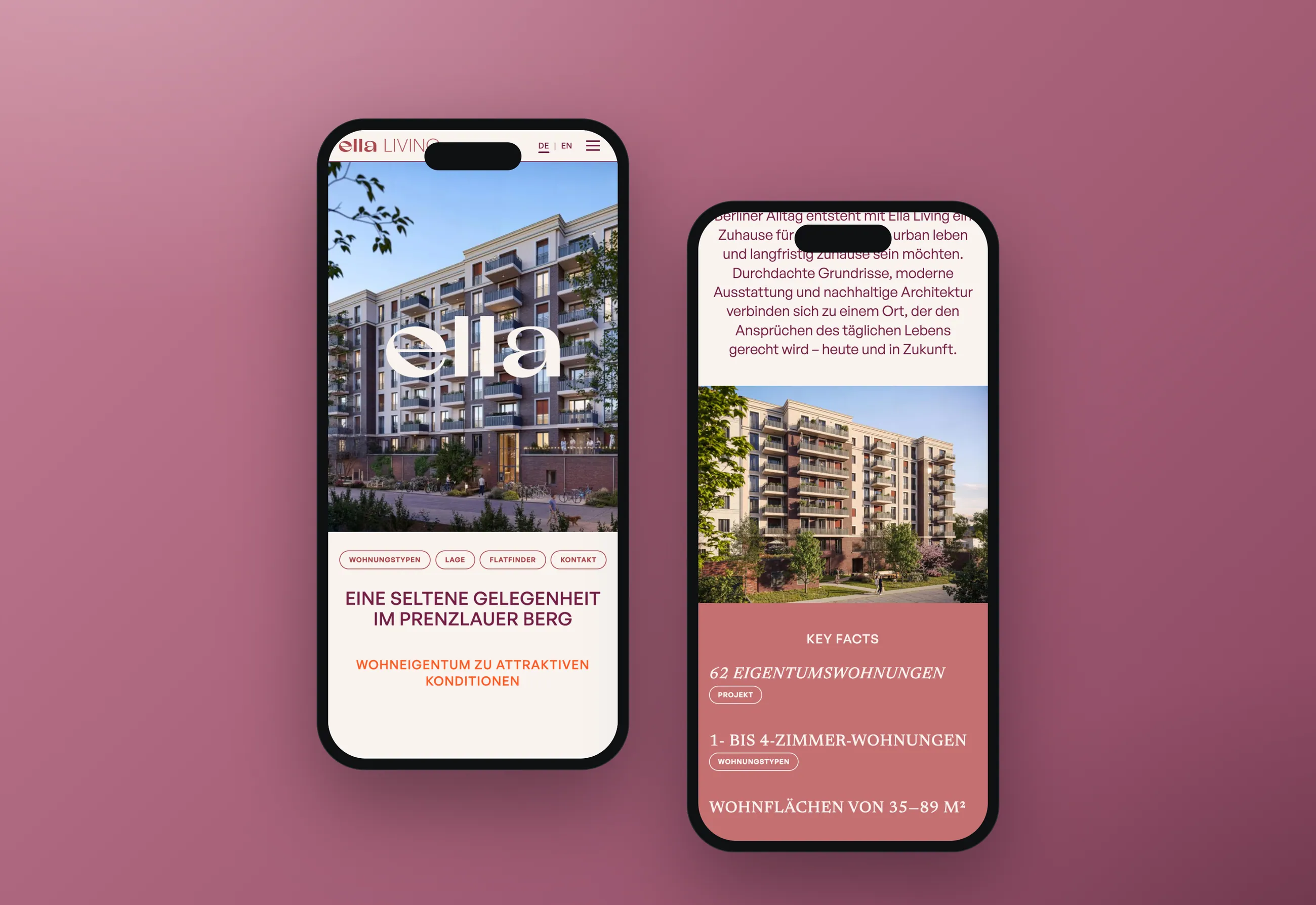 ELLA LIVING condominium project website, mobile views in smartphone mockups
