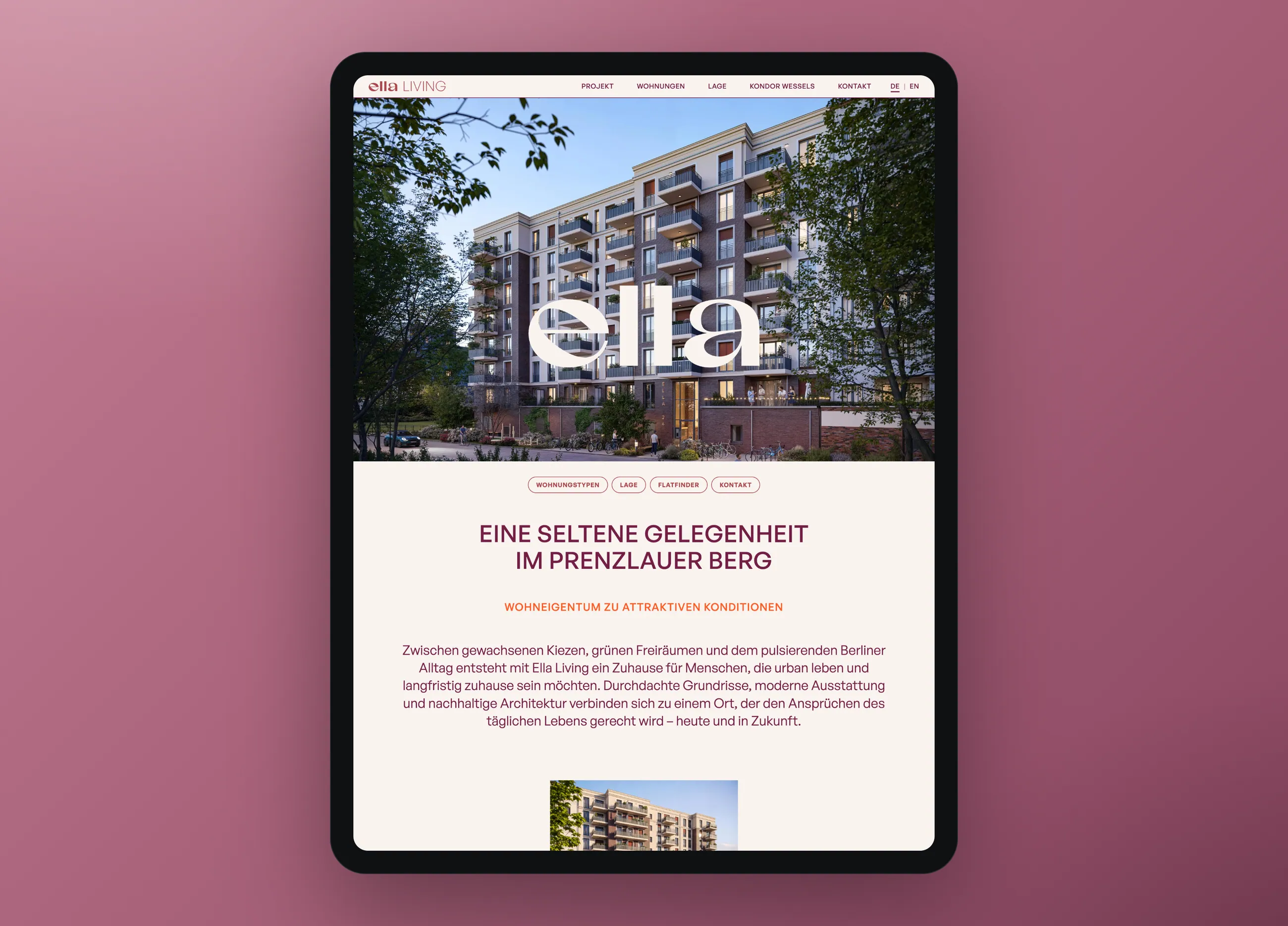 ELLA LIVING condominium project website, tablet view