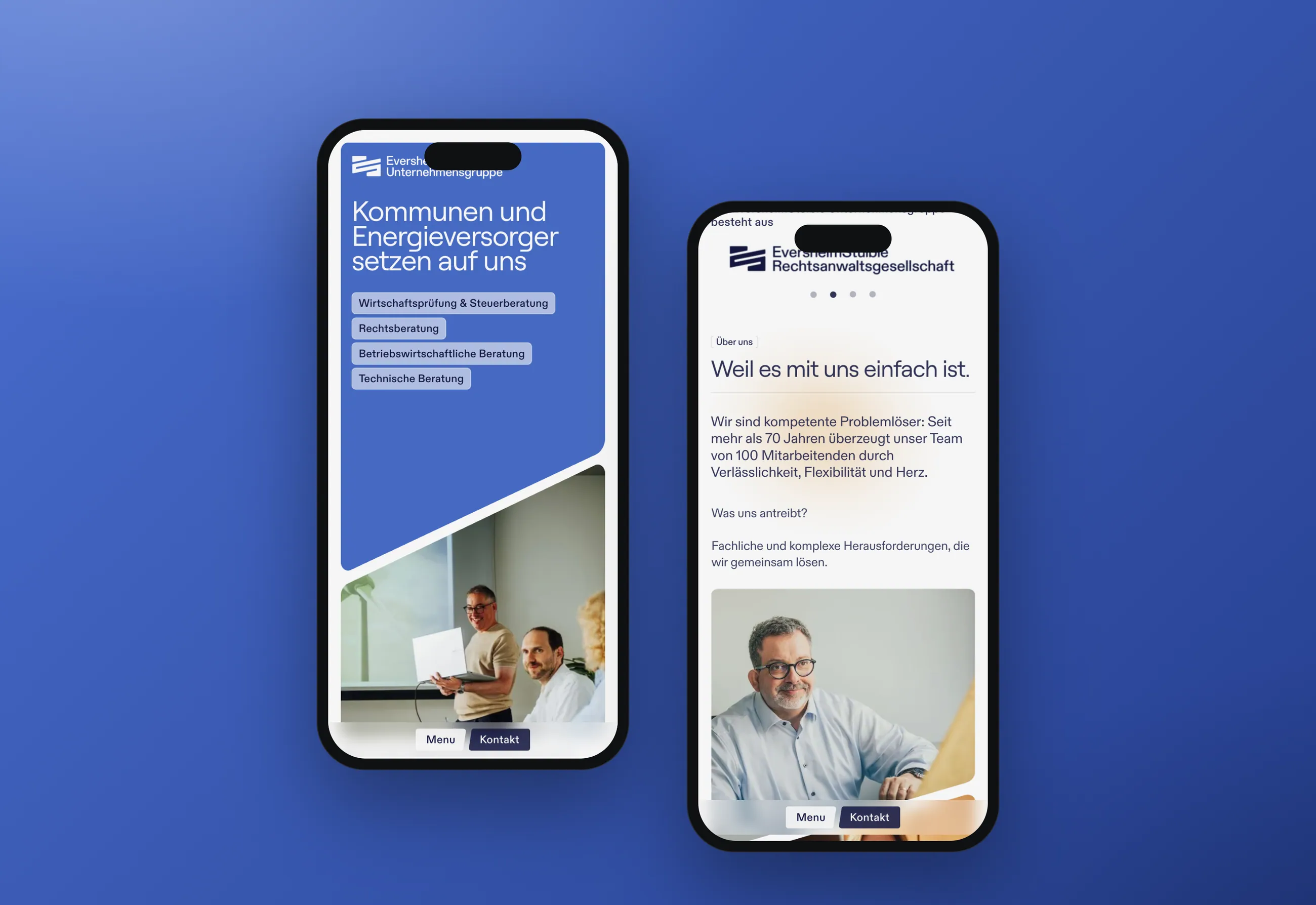 Website der Beratungsgruppe EversheimStuible, mobile Ansichten in Smartphone-Mockups