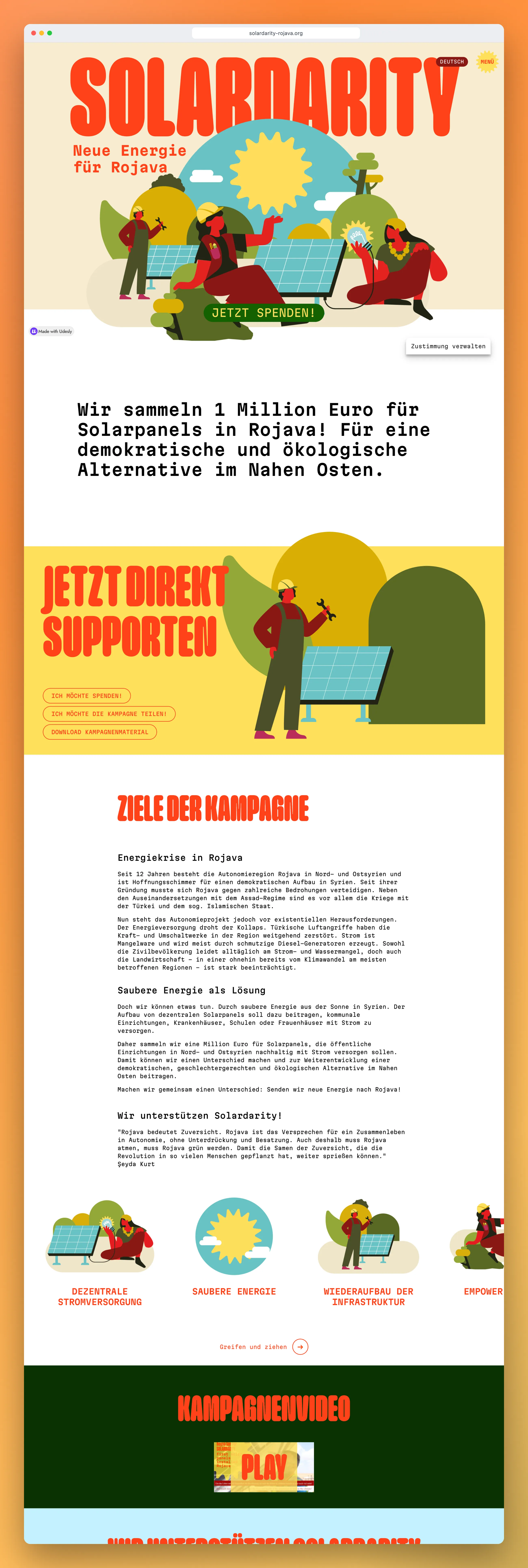 Solardarity campaign website for solar energy in Rojava, full homepage screenshot in a browser window