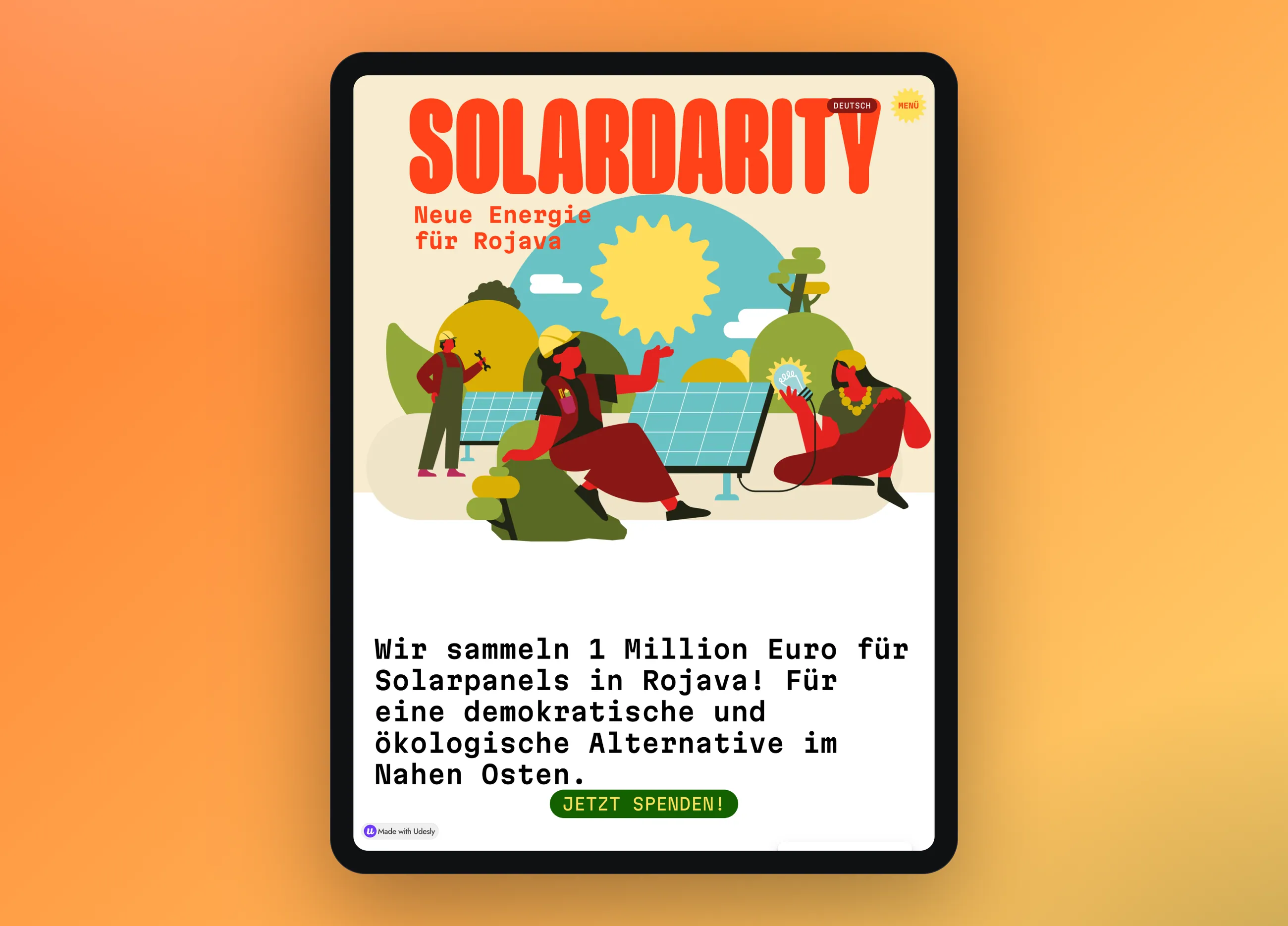 Solardarity campaign website for solar energy in Rojava, tablet view