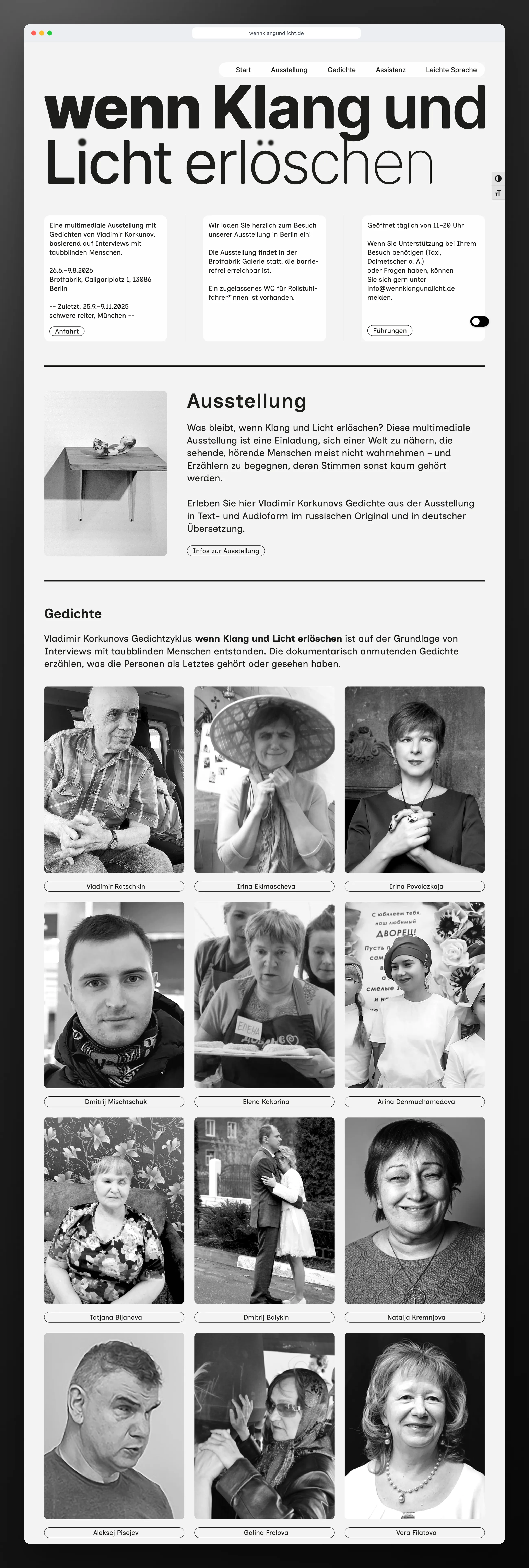 wenn Klang und Licht erlöschen accessible exhibition website, full homepage screenshot in a browser window