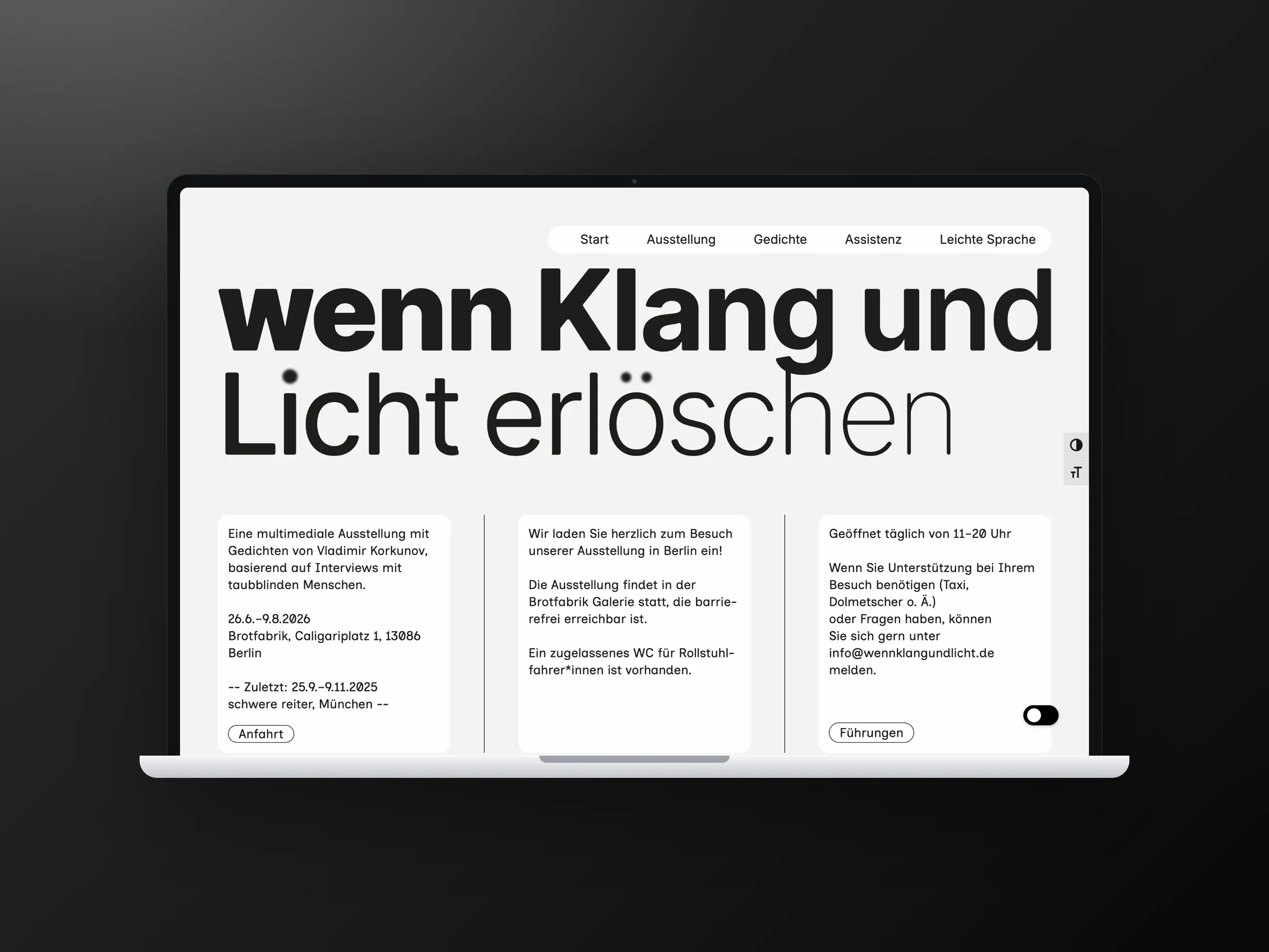 wenn Klang und Licht erlöschen accessible exhibition website, desktop view in a laptop mockup