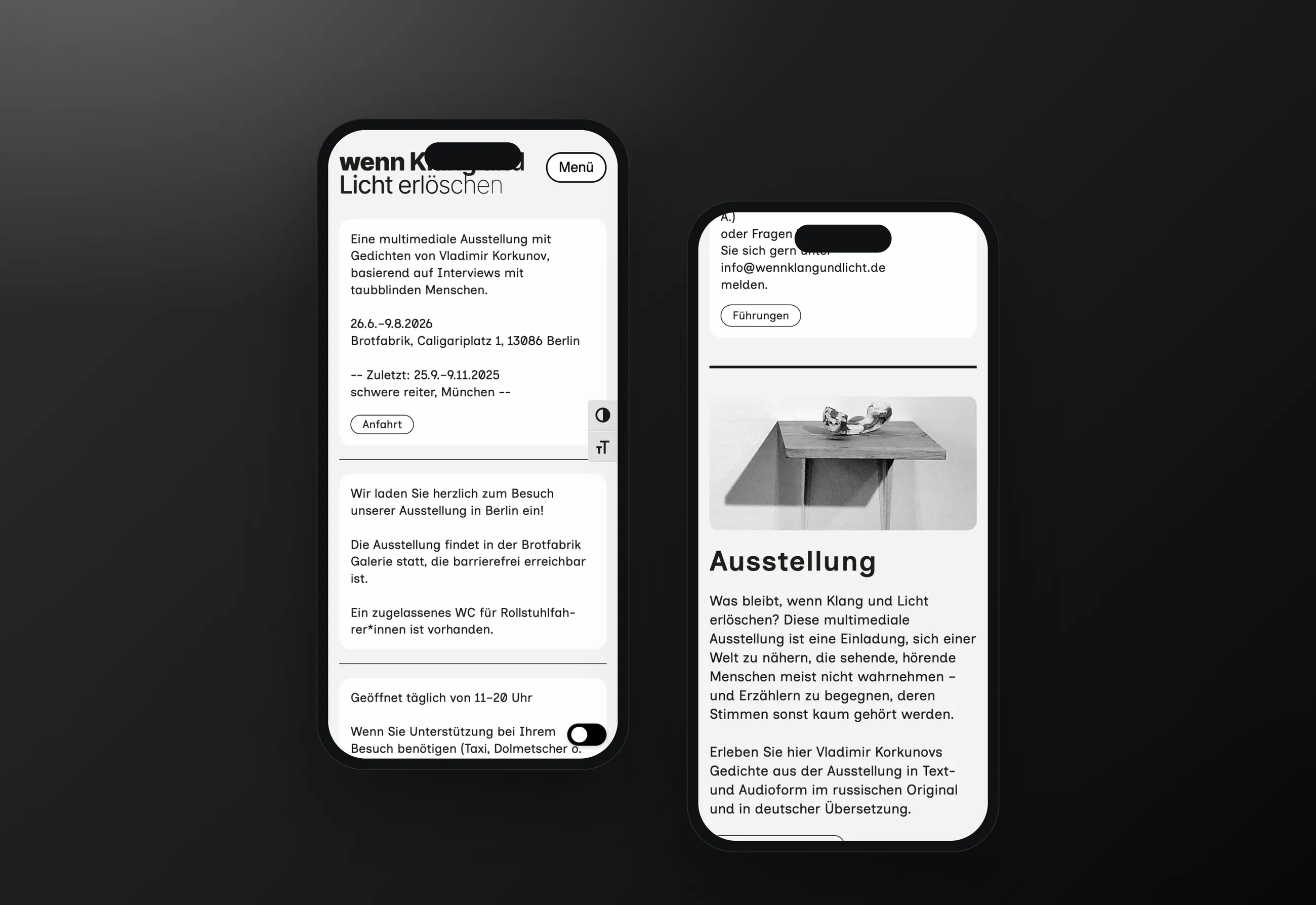 wenn Klang und Licht erlöschen accessible exhibition website, mobile views in smartphone mockups