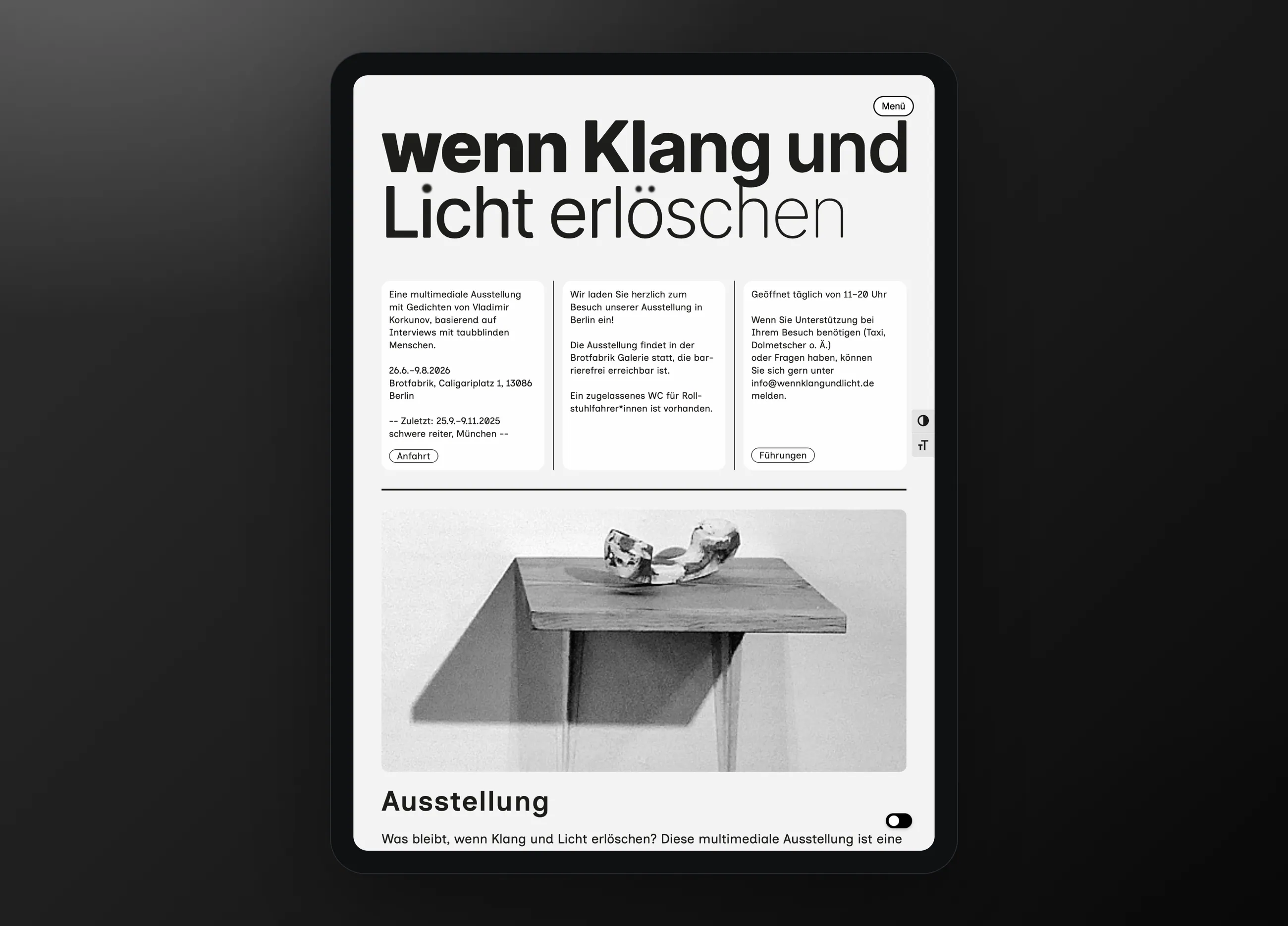 wenn Klang und Licht erlöschen accessible exhibition website, tablet view
