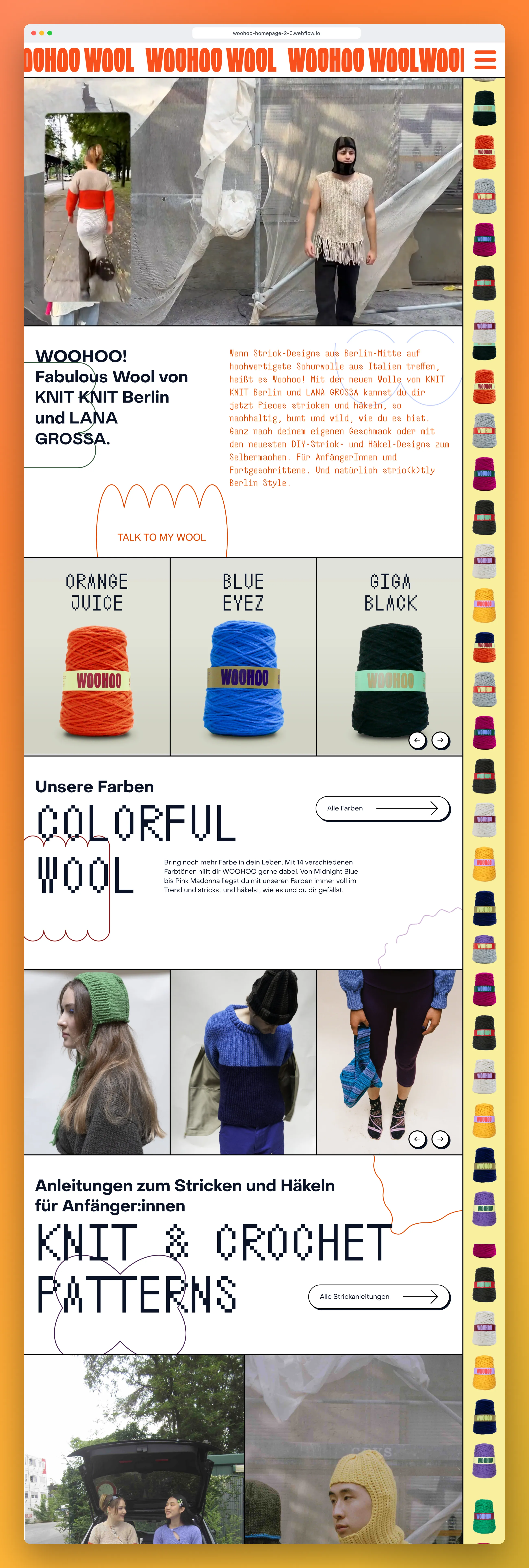 WOOHOO Wool yarn brand website, full homepage screenshot in a browser window