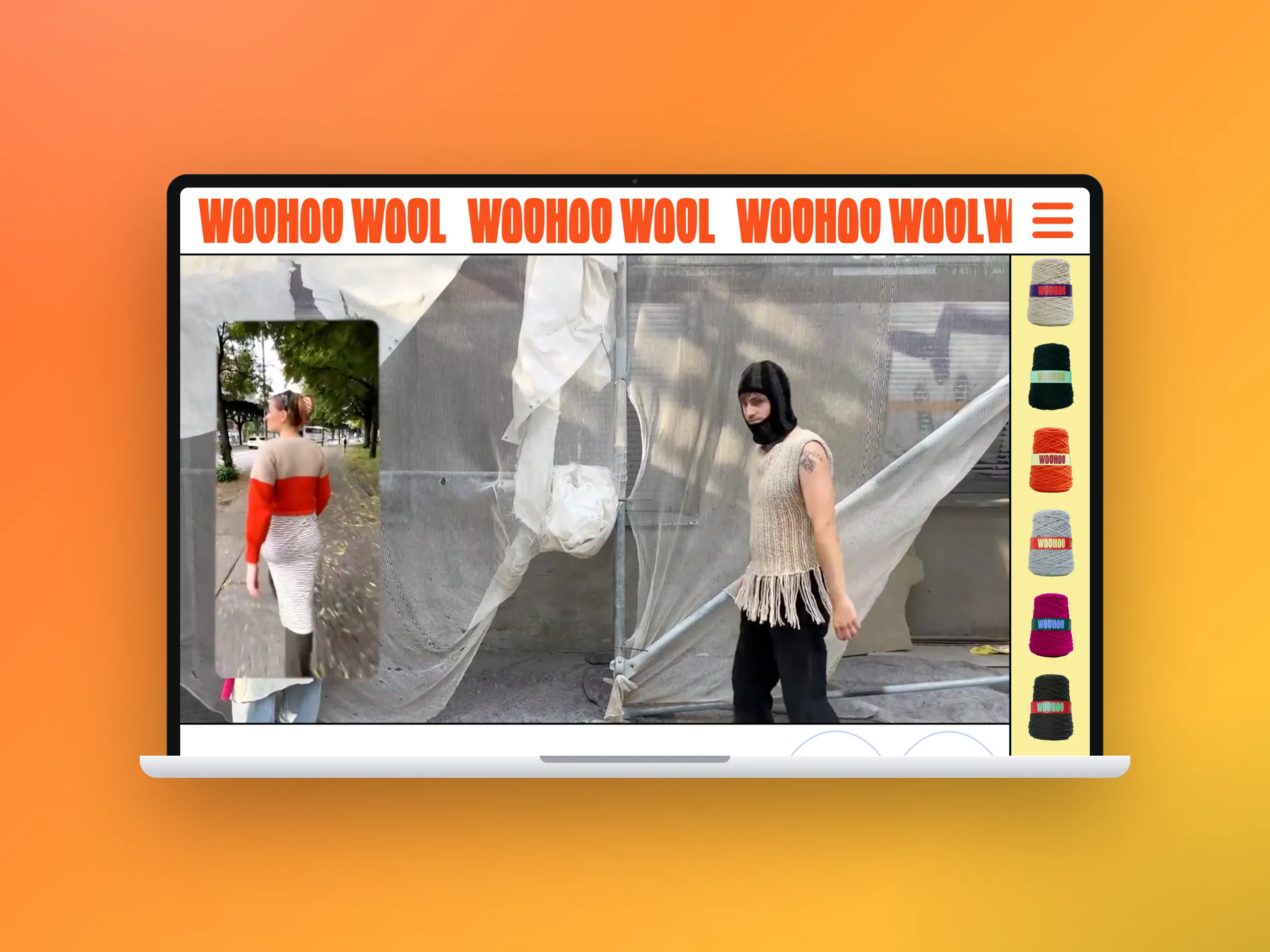 WOOHOO Wool yarn brand website, desktop view in a laptop mockup
