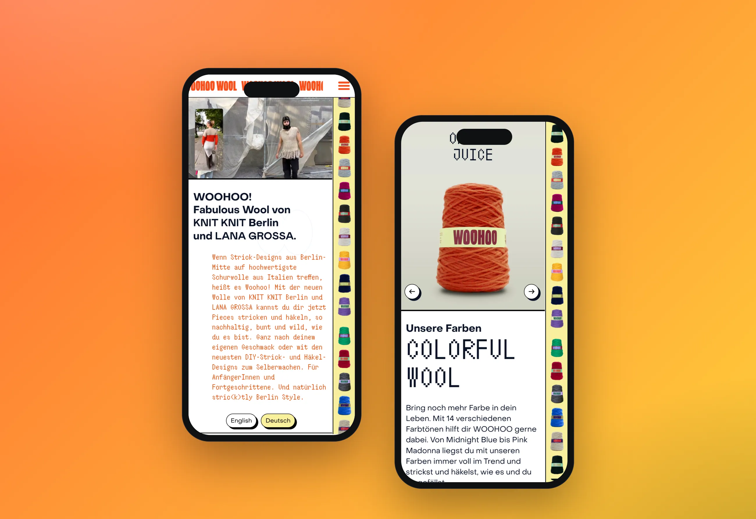 WOOHOO Wool yarn brand website, mobile views in smartphone mockups