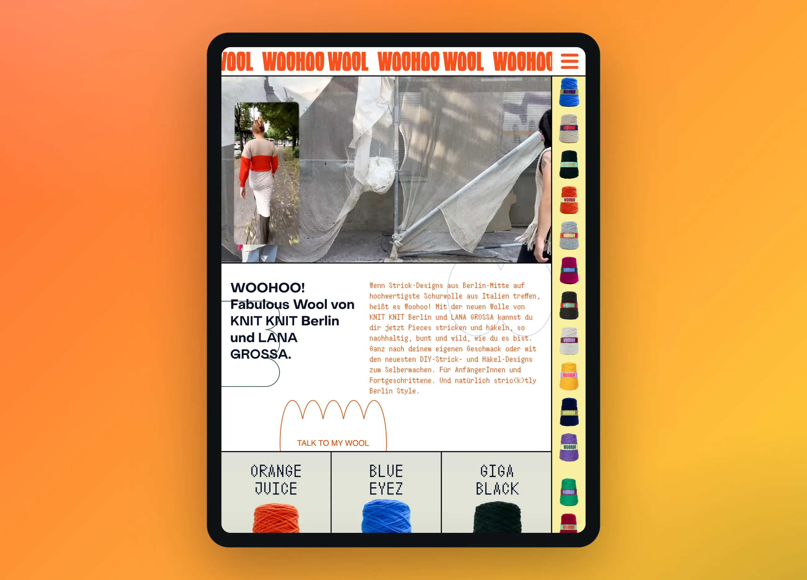 WOOHOO Wool yarn brand website, tablet view